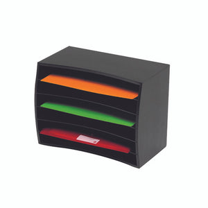 Marbig 86202B black wooden desktop organiser with six open horizontal slots behind curved front edges, holding orange and green sheets and a red envelope