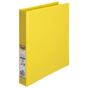 Yellow Marbig Clearview insert binder standing at an angle, the white marbig label and barcode on its 25mm spine