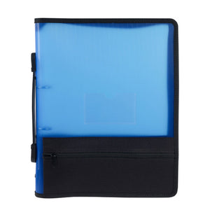 Blue Marbig zipper binder with extra storage, translucent blue cover, black zipped pocket across the lower front, small clear pocket and a black carry handle on the spine side