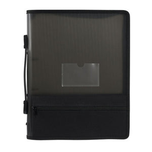 Marbig 6680002 zipper binder in translucent smoke grey with black zip trim, a clear card pocket, a black zipped pocket across the lower front and a handle on the spine side