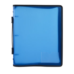 Blue Marbig zipper binder with handle, translucent lined cover with black zip trim, a black handle on the spine side and a clear card pocket in the lower corner
