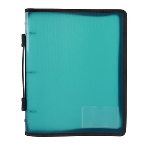 Marbig 6780004 zipper binder with a translucent teal green cover, black zip trim, a black handle on the spine side and a clear pocket in the lower front corner