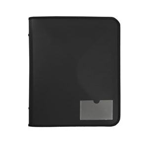 Black Marbig zipper binder with tech case seen front on, zip edging around the cover and a small clear pocket on the lower right