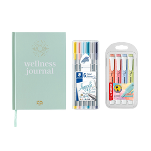 Contents of the Mega Employee Wellness and Focus Journal Kit including a Spirax Wellness Journal, Staedtler Triplus fineliner wallet and Stabilo highlighters