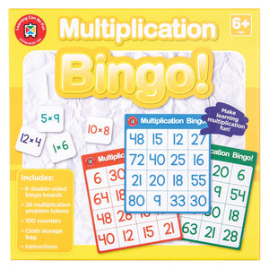 Front packaging artwork for Learning Can Be Fun Multiplication Bingo displaying multiplication question tokens, colourful bingo boards and educational game components. The packaging highlights multiplication learning through fun and interactive gameplay for children aged six years and above.