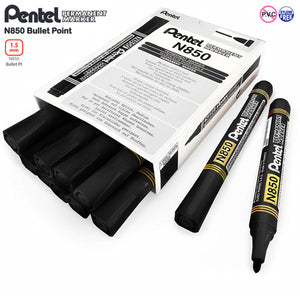 Open box of black Pentel N850 permanent markers with two black N850 markers lying beside it, under a Pentel Permanent Marker N850 Bullet Point header