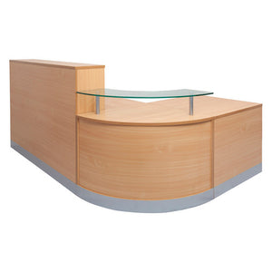Rapidline Flow reception counter in beech seen from the visitor side, with a curved glass visitor hob above the rounded corner unit and a silver kick plate.