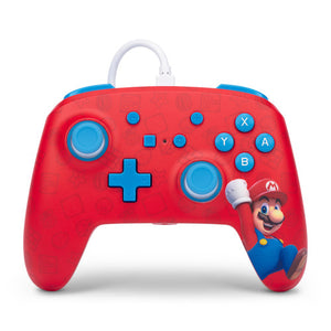 PowerA Enhanced Wired Controller for Nintendo Switch, Woo Hoo Mario design, front view: red body with light blue buttons, D-pad and thumbsticks, and Mario leaping with a raised fist on the right grip