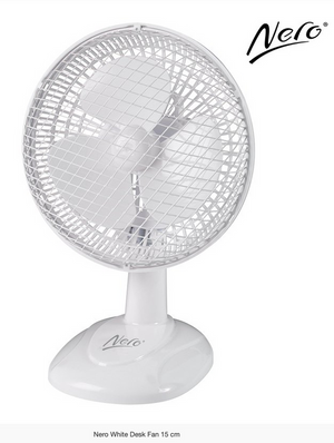 Nero 749015 white 15cm desk fan from the front, three white blades behind a white wire guard on a rounded white base, with the Nero logo in the top corner