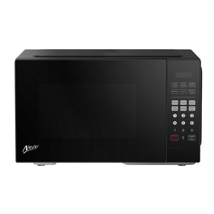 Nero 25L black microwave, front view, showing the LED display and digital keypad with numbered buttons and one touch presets