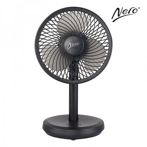 Nero 7490131 black USB desk fan from the front, three grey blades behind a round black guard with the Nero logo, on a slim stem and round base