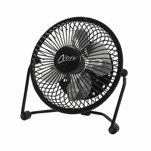 Nero 749901 black USB mini fan from the front, four silver aluminium blades behind a round black wire guard with the Nero logo on the centre hub