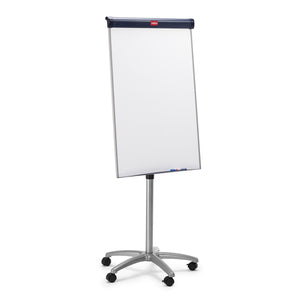 Nobo Barracuda mobile flipchart easel at an angle, white magnetic board with dark blue header and red Nobo badge on a silver stem and five castor base