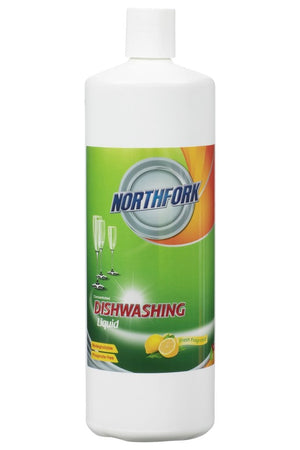 Northfork Dishwashing Liquid 1 litre bottle with green lemon label, front view, sold as a carton of 12 bottles