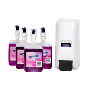 Northfork Foaming Hand Wash Guest Starter Pack 0.4ml, complete washroom hand hygiene kit with dispenser and four antibacterial foaming cartridges