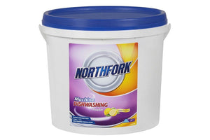 Northfork Machine Dishwashing Powder Lemon 5kg tub with blue lid, front label, sold as a pack of 4 tubs