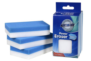 Northfork Power Eraser pack of 3 box shown with three blue and white melamine foam erasers