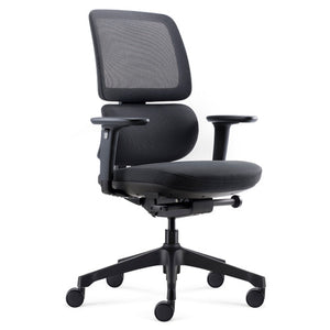 Rapidline Orca executive chair in black, three quarter view showing the mesh upper back, cushioned lumbar section and 3D arms.