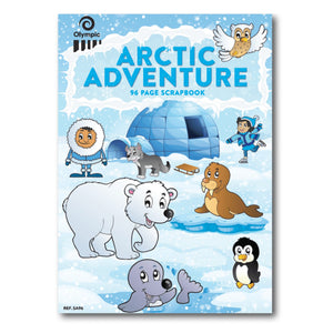 Olympic Arctic Adventure scrap book cover in pale blue with an igloo, polar bear, walrus, seal, penguin and owl, printed 96 Page Scrapbook and Ref SA96