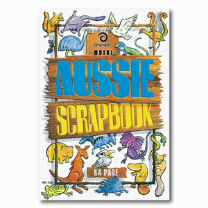 Olympic Aussie Animals scrap book cover with the title on timber boards surrounded by cartoon kangaroo, koala, wombat, echidna and platypus, marked 64 Page and Ref S332
