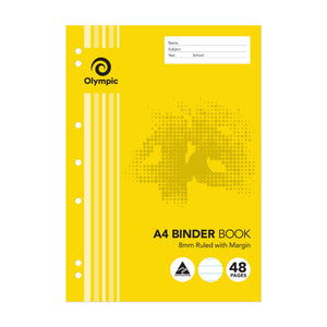 Yellow Olympic A4 binder book cover printed 8mm Ruled with Margin and 48 Pages, with seven punched holes down the left edge and a name and subject panel