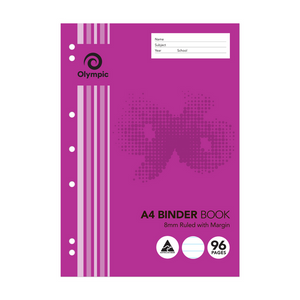 Magenta Olympic A4 binder book cover marked 8mm Ruled with Margin and 96 Pages, with seven punched holes and a name, subject, year and school panel