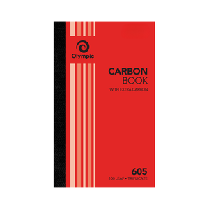 Red Olympic carbon book cover printed Carbon Book with extra carbon, 605, 100 leaf triplicate, with peach and white stripes and a black spine