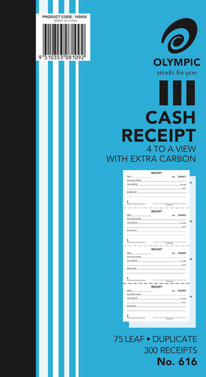 Olympic Cash Receipt Book 616 carbon duplicate 75 leaf open to show four receipts per page layout