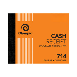 Olympic No. 714 cash receipt book in a landscape orange striped cover with black spine, printed Copymate Carbonless and 50 Leaf Duplicate