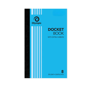 Olympic No. 8 docket book in a tall blue striped cover with a black spine, printed With Extra Carbon and 50 Leaf Duplicate