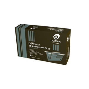 Dark brown Olympic box of 50 EASYglide suspension files in classic green, printed with foolscap size, tabs and inserts and a drawing of a hanging file