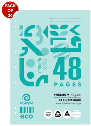 Pale teal Olympic Eco A4 binder book with a large 48 Pages print and a red Pack of 20 badge in the top left corner, punched holes along the edge