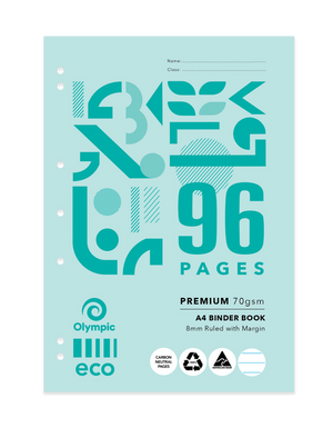 Olympic Eco A4 binder book with a pale teal patterned cover, a large 96 Pages print, Premium 70gsm and 8mm Ruled with Margin text and punched holes