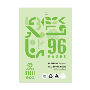 Olympic Eco D189P A4 exercise book with a pale green cover printed 96 pages, Premium 70gsm and 18mm dotted thirds, with Name and Class lines