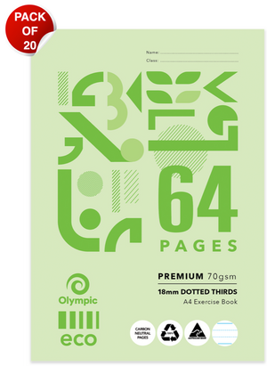 Olympic Eco A4 exercise book with a pale green cover, large green 64 Pages type, 18mm Dotted Thirds label and a red Pack of 20 badge