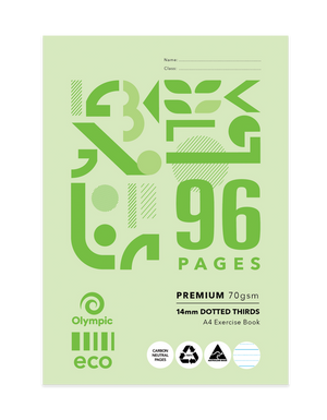 Olympic Eco A4 exercise book in light green with green geometric artwork, 96 Pages, Premium 70gsm and 14mm Dotted Thirds printed on the front