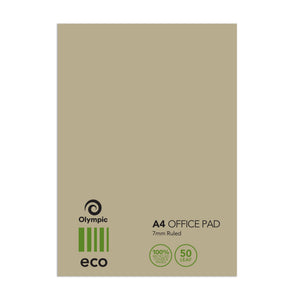 Olympic Eco A4 office pad with a sand coloured cover, green stripes and the eco wordmark, printed A4 Office Pad, 7mm Ruled and 50 Leaf