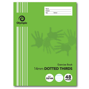 Green Olympic exercise book cover printed Exercise Book 14mm Dotted Thirds with REF D2144, a 48 pages badge and a name, subject, year and school panel