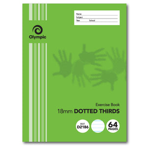 Olympic exercise book with a bright green cover printed 18mm Dotted Thirds, REF D2186 and 64 pages, plus a name, subject and year panel