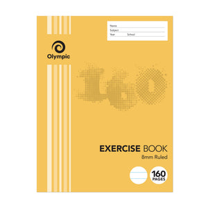 Olympic E2816 exercise book in the current orange cover with a large 160 graphic, 8mm ruled, 160 pages, and a name panel