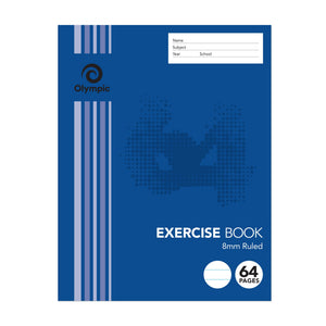 Blue Olympic exercise book cover printed Exercise Book 8mm Ruled with a ruling icon, 64 pages badge and a white name, subject, year and school panel