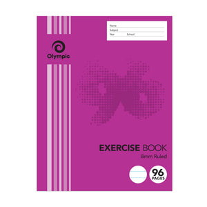 Magenta Olympic exercise book cover printed Exercise Book 8mm Ruled, with a ruling icon, a 96 pages badge and a name, subject, year and school panel
