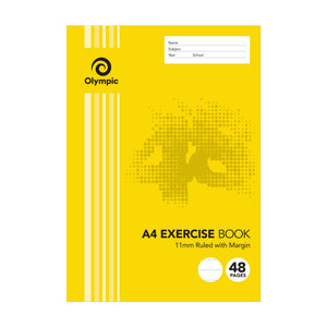 Olympic E114 A4 exercise book with a yellow cover, Name Subject Year School panel, 11mm Ruled with Margin and 48 pages printed on the front