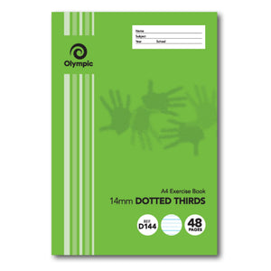 Olympic D144 A4 exercise book with a green handprint cover, Name Subject Year School panel, 14mm Dotted Thirds, REF D144 and 48 pages