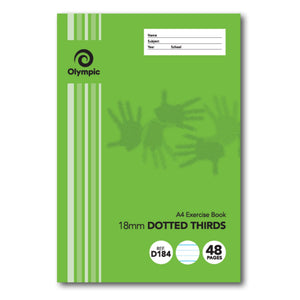 Olympic D184 A4 exercise book with a green handprint cover, Name Subject Year School panel, 18mm Dotted Thirds, REF D184 and 48 pages