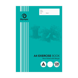 Olympic E812 A4 exercise book with a teal cover, Name Subject Year School panel, 8mm Ruled with Margin and 128 pages printed on the front