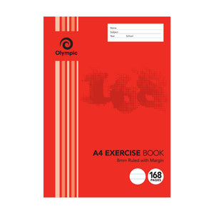 Olympic E816 A4 exercise book with a red cover, Name Subject Year School panel, 8mm Ruled with Margin and 168 pages printed on the front