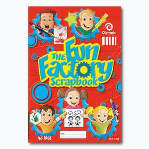 Red Olympic Fun Factory scrap book cover with cartoon children in blue cog frames holding art tools, a name panel, 48 Page badge and Ref S324