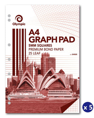 Olympic A4 Graph Pad cover in red tones with Sydney Harbour artwork, 5mm Squares, Premium Bond Paper, 25 Leaf and REF GH525, with an x 5 badge