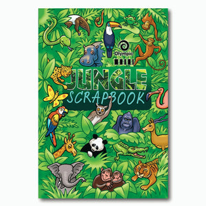 Green Olympic Jungle scrap book cover with a toucan, gorilla, panda, tiger, elephant, giraffe and parrot among jungle leaves around the title